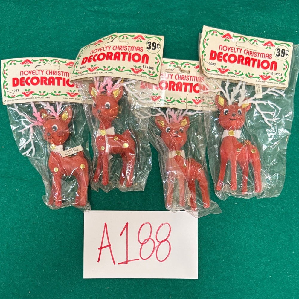 Vintage Red flocked Christmas Reindeer Decorations